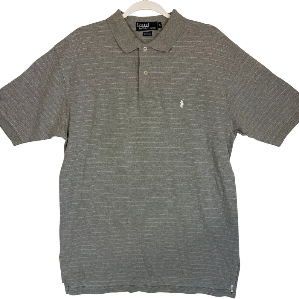 Vintage Polo Ralph Lauren Striped Polo Shirt Mens Size L Grey Casual Top 90s